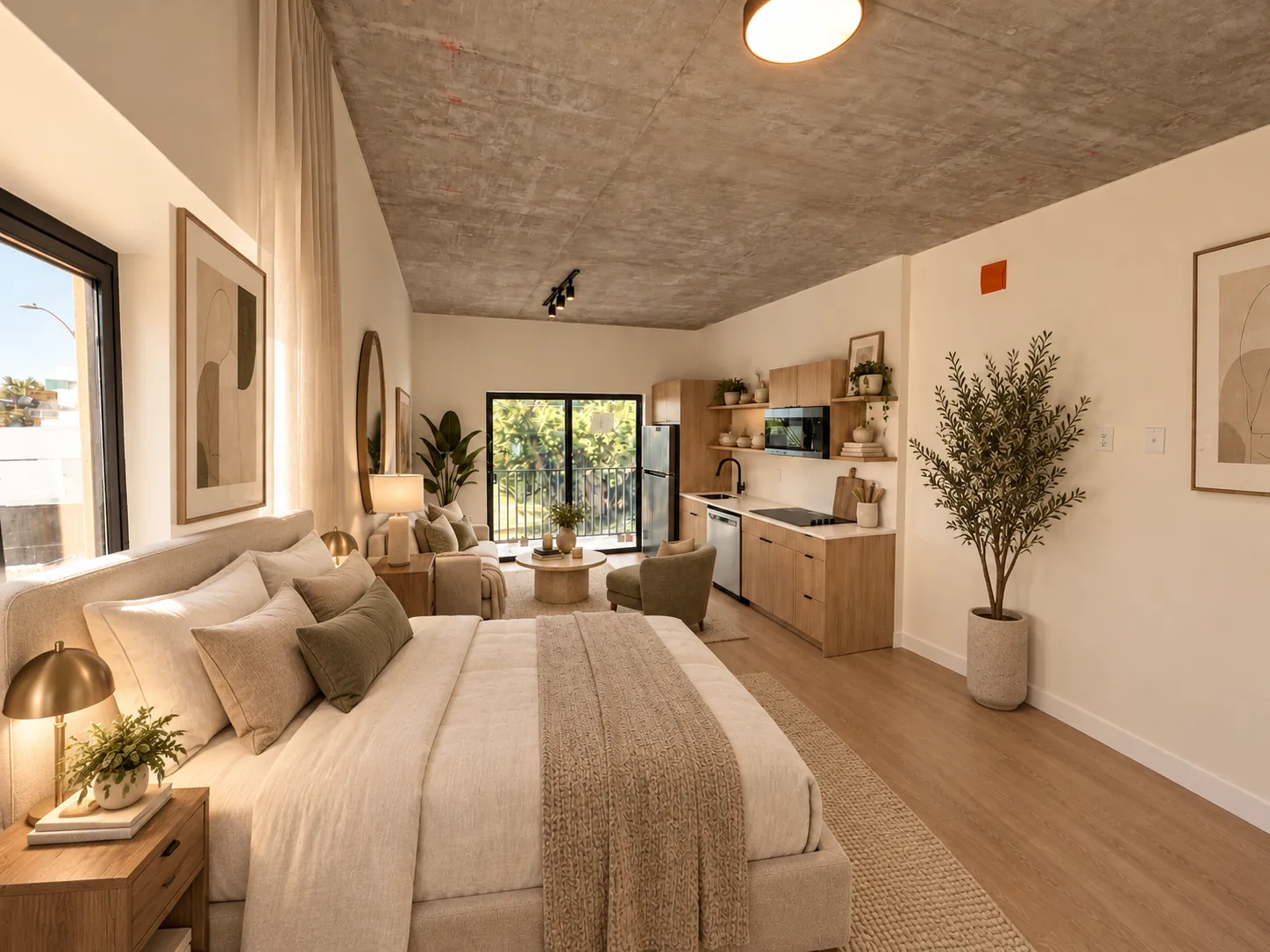 The same Cafecito Studio virtually staged with a bed, seating and dining nook